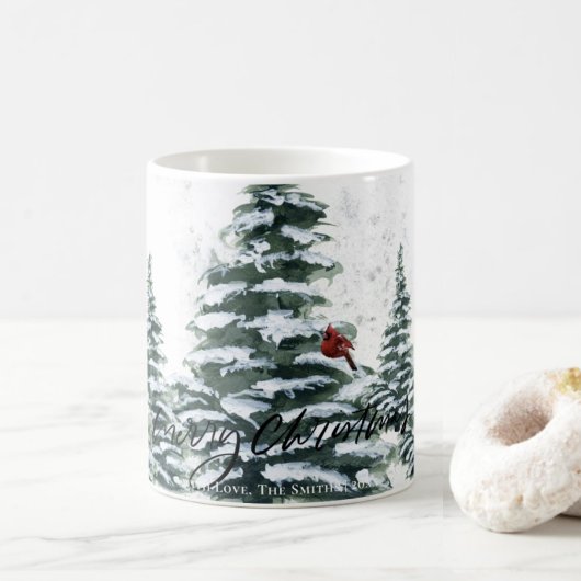 Rustige groene winterpine Trees rode kardinale vog Koffiemok
