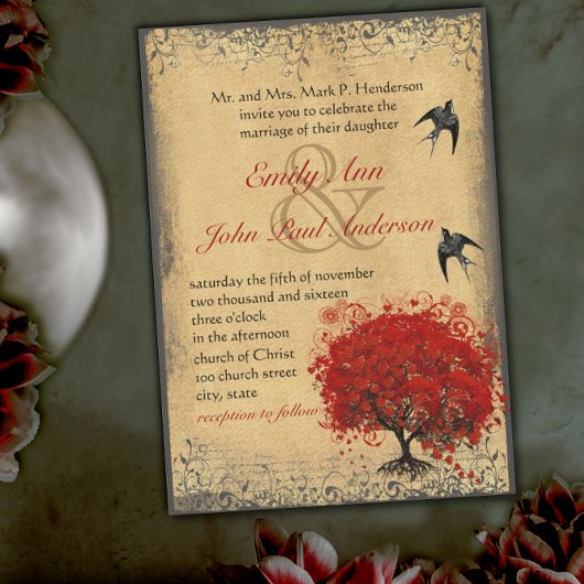 Rustige Heart Leaf Red Tree Love Bird Wedding Kaart