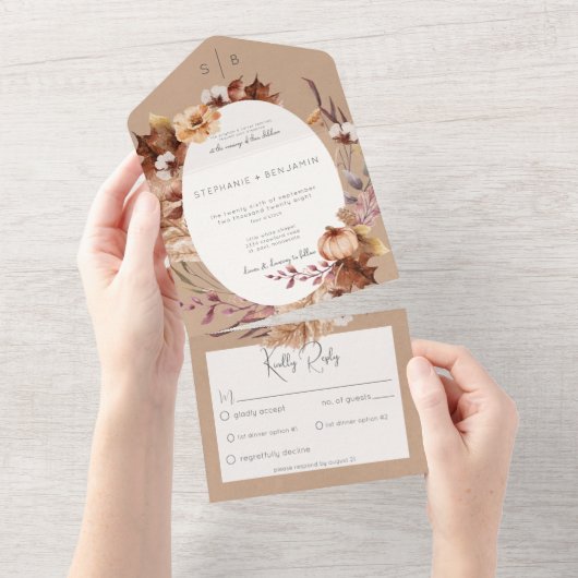 Rustige Herfst, bruin en bladeren, diner All In One Uitnodiging (Afscheurbaar)