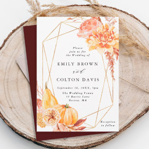 Rustige Herfst Floral Pumpkin Gold Geometric Weddi Kaart