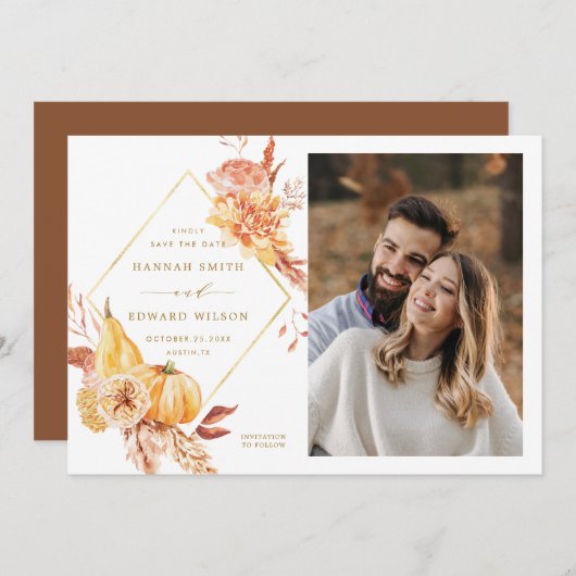 Rustige Herfst Floral Pumpkin Wedding Foto Gold Save The Date (Voorkant / Achterkant)
