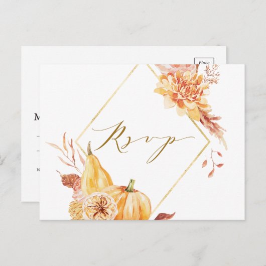Rustige Herfst Floral Pumpkin Wedding Gold RSVP Briefkaart (Voorkant / Achterkant)