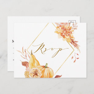 Rustige Herfst Floral Pumpkin Wedding Gold RSVP Briefkaart