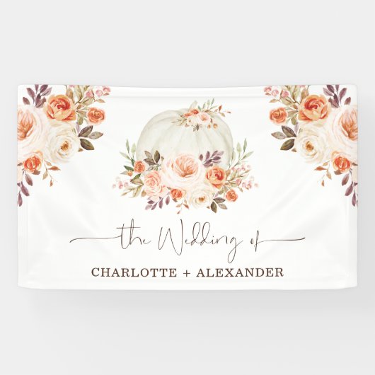 Rustige Herfst Floral White Pumpkin Wedding Party Spandoek (Horizontaal)