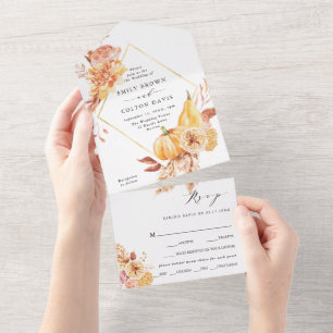 Rustige Herfst Gold Floral Pumpkin Wedding All In One Uitnodiging