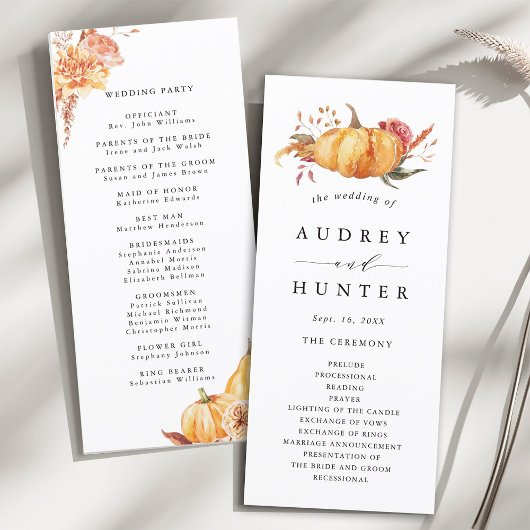 Rustige Herfst Gold Floral Pumpkin Wedding Programma
