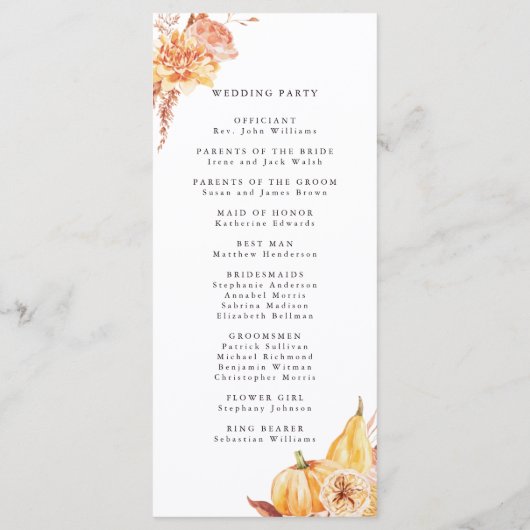 Rustige Herfst Gold Floral Pumpkin Wedding Programma (Achterkant)