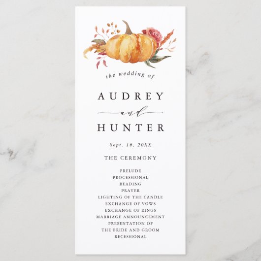 Rustige Herfst Gold Floral Pumpkin Wedding Programma (Voorkant)