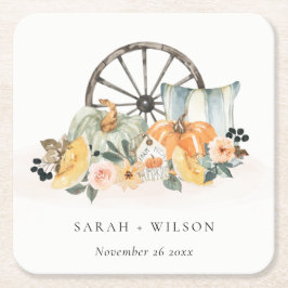 Rustige Herfst Pumpkin Leafy Floral Wheel Wedding Vierkante Kartonnen Onderzetter
