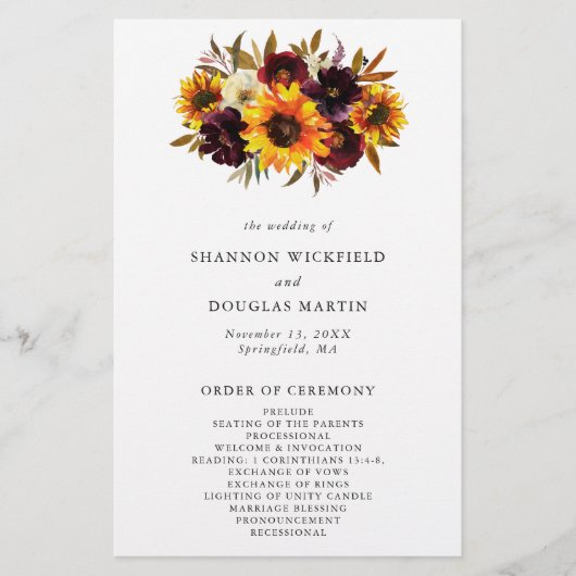 Rustige Herfst Sunflower Budget Wedding Programme Flyer (Voorkant)