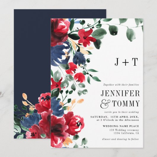 Rustige herfst winter rode marineblauwe florale br kaart (Voorkant / Achterkant)