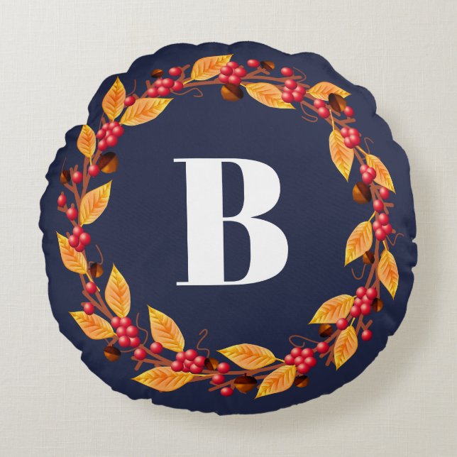 Rustige Herfst Wreath & Navy | Gepersonaliseerd Rond Kussen (Voorkant)