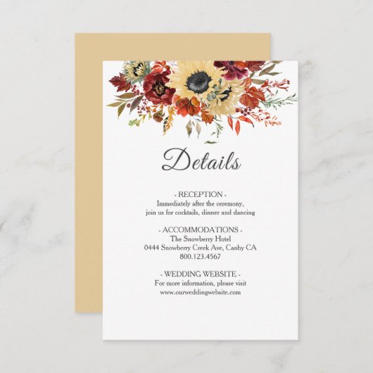 Rustige Herfst Zonnebloem Bompoetsbruiloft Informatiekaartje (Voorkant / Achterkant)