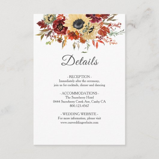 Rustige Herfst Zonnebloem Bompoetsbruiloft Informatiekaartje (Voorkant)