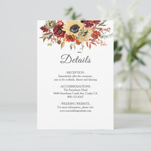 Rustige Herfst Zonnebloem Bompoetsbruiloft Informatiekaartje (Staand voorkant)