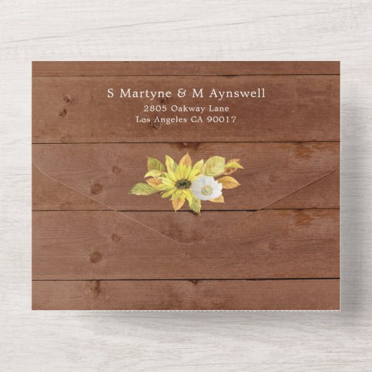 Rustige Herfst Zonnebloem Lights Hout Weddenschap All In One Uitnodiging (Achterkant)
