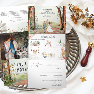 Rustige herfstbos Boho bruiloft Drieluik Uitnodiging