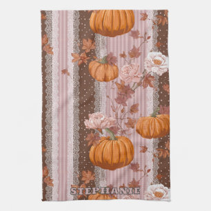Rustige herfstpompoenen & bloemenkant naadloos theedoek
