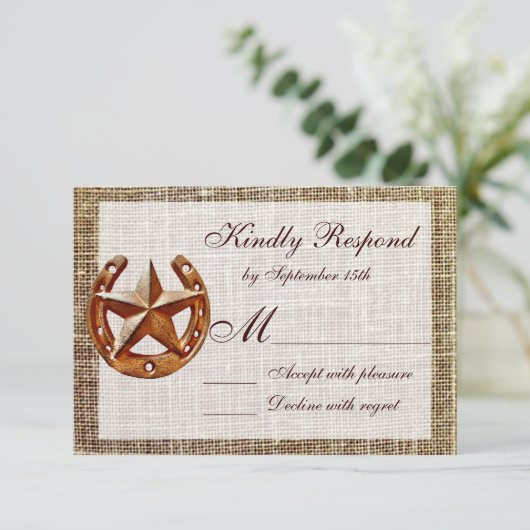 Rustige Hoefijzer Star Burlap Wedding RSVP-kaarten RSVP Kaartje (Staand voorkant)