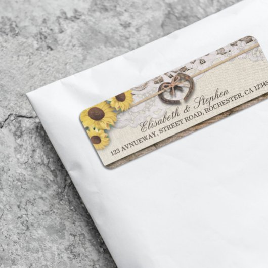 Rustige Hoefijzers Burlap Lace Sunflower Weddings Etiket