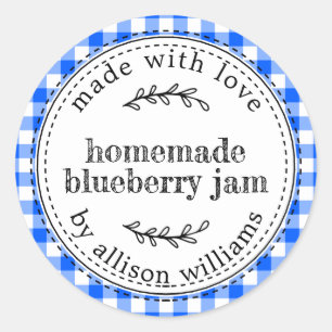 Rustige Homemade Blueberry Jam Bright Blue Check Ronde Sticker