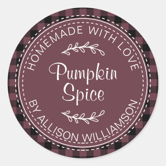 Rustige Homemade Pumpkin Spice Burgundy Check Clas Ronde Sticker (Voorkant)