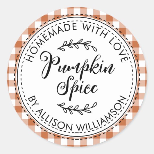 Rustige Homemade Pumpkin Spice Burnt Oranje Check Ronde Sticker (Voorkant)