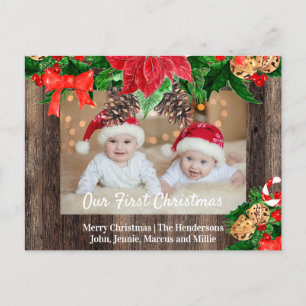 Rustige Hout Poinsettias Twins First Kerstmis Feestdagenkaart