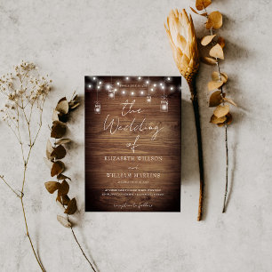 Rustige Hout String Lights Wedding QR Code RSVP Kaart