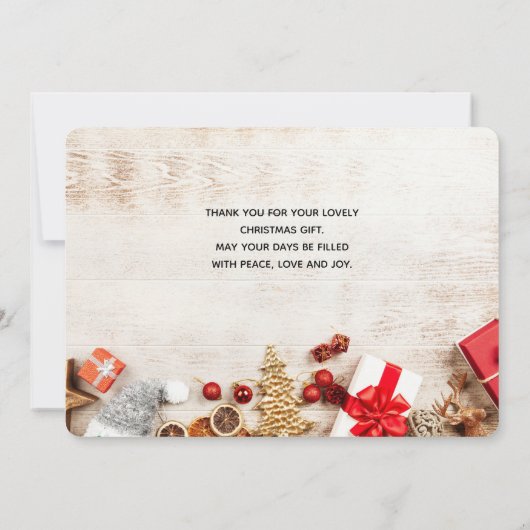 Rustige houtafbeelding met kerstobjecten bedankkaart (Achterkant)