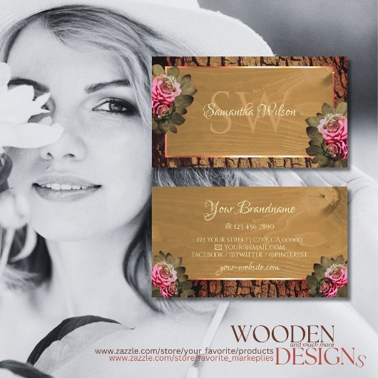 Rustige houtbomen Bark Blooming Roze Monogram Visitekaartje