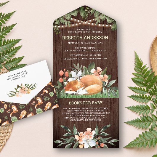 Rustige houten bossen Slaapvos Baby shower All In One Uitnodiging