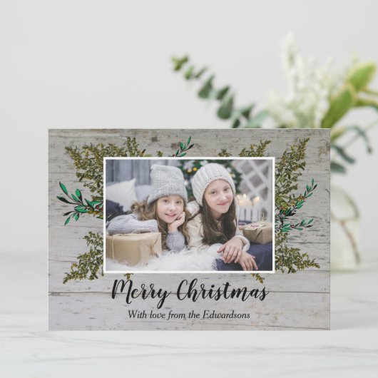 Rustige houten botanische kerstkaart (Staand voorkant)