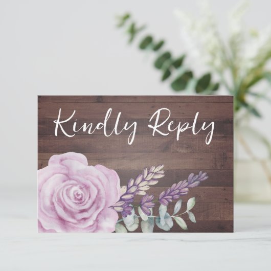 Rustige houten Floral Eucalyptus Wedding RSVP Kaar (Staand voorkant)