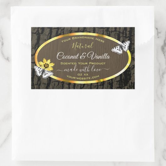 Rustige houten korrels donkerbruine gouden etikett rechthoekige sticker (Tas)