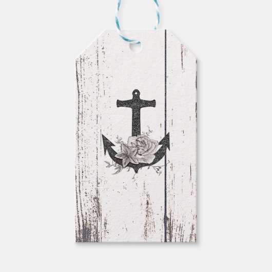 Rustige houten Kuststrand Anchor  Floral Cadeaulabel (Voorkant)