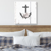 Rustige houten Kuststrand Anchor Floral Canvas Afdruk (Insitu (Slaapkamer))