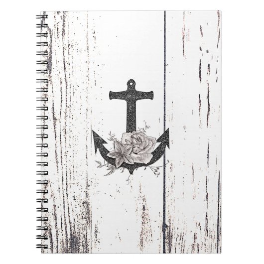 Rustige houten Kuststrand Anchor  Floral Notitieboek (Voorkant)
