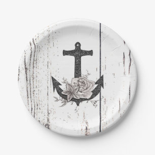 Rustige houten Kuststrand Anchor Floral Papieren Bordje