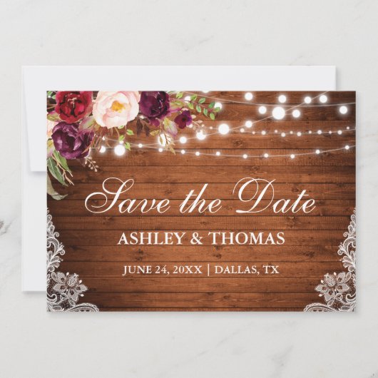 Rustige houten lights Floral Lace Save the Date (Voorkant)