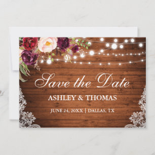 Rustige houten lights Floral Lace Save the Date