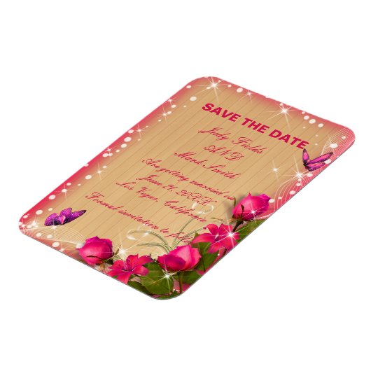 Rustige houten roze vlinder sparen de datum magneet (Linkerzijde)