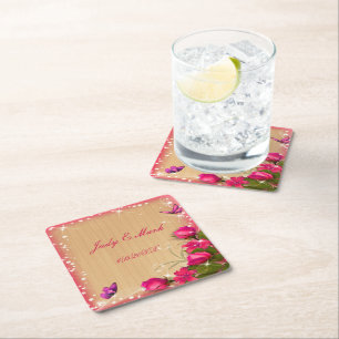 Rustige houten roze vlinderbruiloft vierkante kartonnen onderzetter