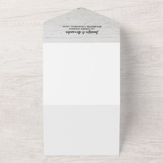 Rustige houten waterverf vertrekt bruiloft all in one uitnodiging (Buitenkant)