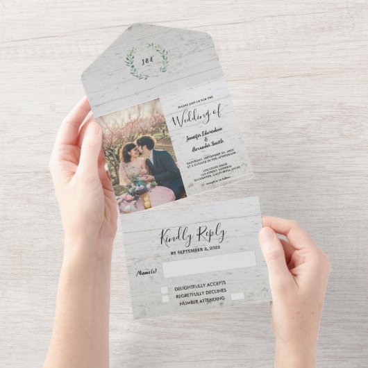 Rustige houten waterverf vertrekt bruiloft all in one uitnodiging (Afscheurbaar)