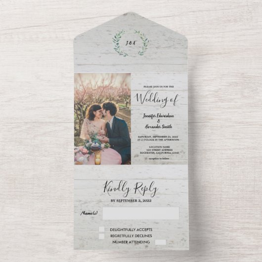 Rustige houten waterverf vertrekt bruiloft all in one uitnodiging (Binnen)
