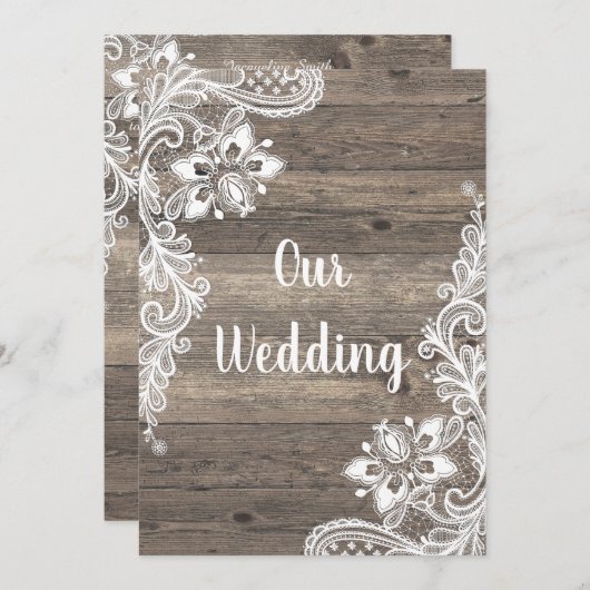Rustige houten witlace bruiloft kaart (Voorkant / Achterkant)