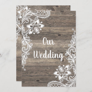 Rustige houten witlace bruiloft kaart