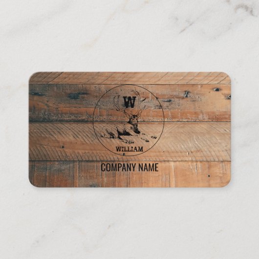 Rustige houtextuur & Deer Monogram QR-code Visitekaartje (Voorkant)