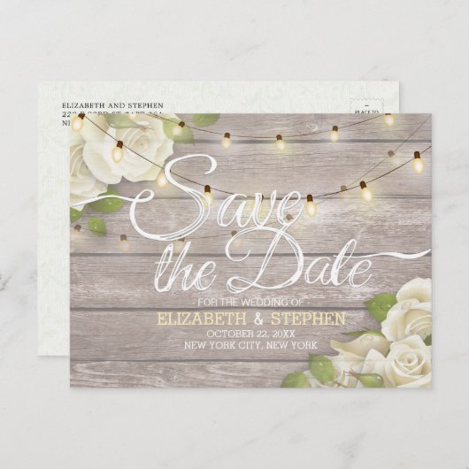 Rustige houtfloraallampjes opslaan datum aankondigingskaart (Voorkant / Achterkant)